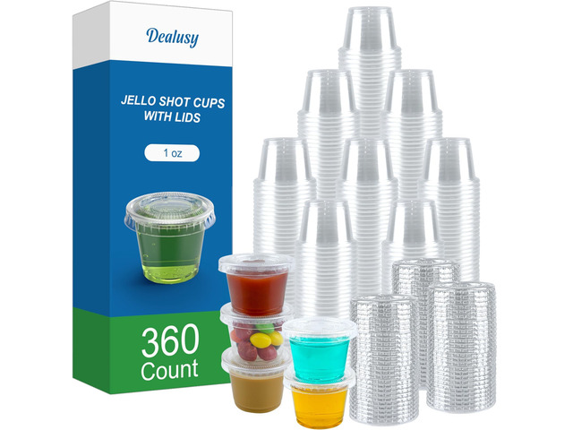 360 Set 1 oz Jello Shot Cups with Lids Sturdy & Food Safe Disposable Plastic Portion Condiment Dipping Sauce Cups, Small Containers for Salad Dressing