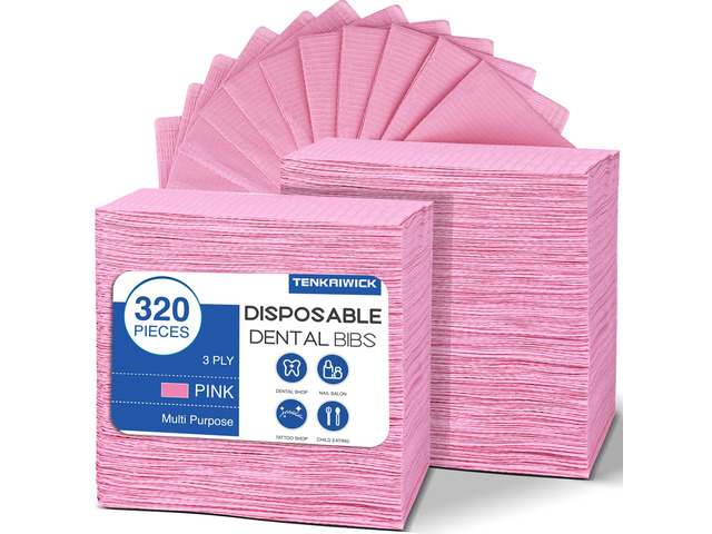 320 Pack Disposable Dental Bibs 13'x18', 3-Ply Waterproof Tattoo Bibs Sheet for Nail Salon, Dental Clinic, Feeding, Tattoo Shop (Pink)