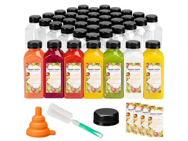 45pcs 12oz Reusable Juice Bottles with caps, Accessories 12oz Reusable Juice Bottles with Lids and Labels, Funnel, Brush Beverage Containers for...
