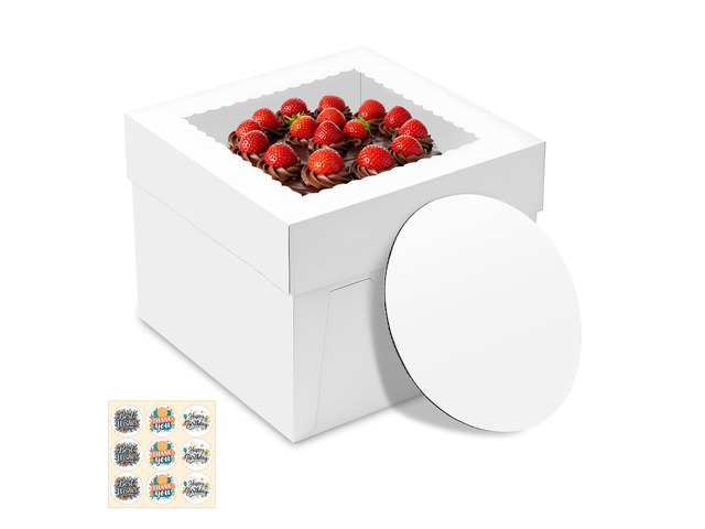15 Pack Cake Boxes with Board, 10x10x8 In Tall Cake Box with Window Cake Carrier Holder, Storage Transport Container, Easy to Assemble, Square...