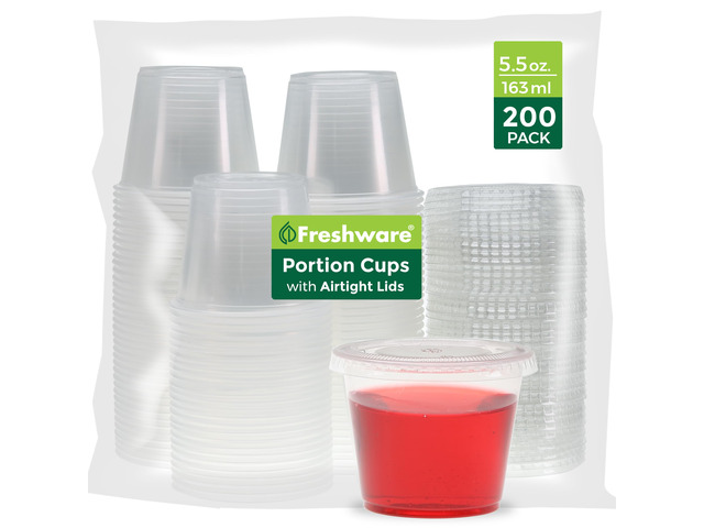 Plastic Portion Cups with Lids [5.5 Ounce, 200 Sets] Souffle Cups, Jello Shot Cups, Condiment Sauce Containers For Sampling, Sauce, Snack or Dressing