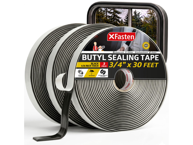Butyl Putty Tape, Black, 1/8' x 3/4' x 30' (3-Pack) EDPM Butyl Rubber Sealant, Stretchable Camper Butyl Tape, Pool, Headlight and RV Sealant