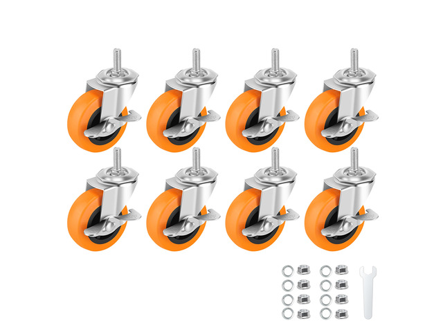 Caster Wheels with Threaded Stem, 3 Inch Locking Swivel Casters Set of 8 3/8'-16 x 1 (Screw Diameter 3/8', Length 1') Polyurethane Swivel Castors,...