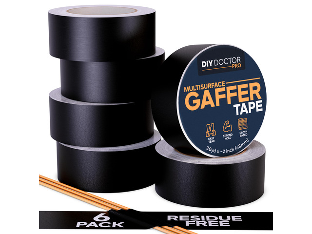 Strong Adhesive Gaffer Tape 2 Inch x 30 Yards Black Matte Cloth - 6 Pack No Residue · Non-Reflective · For stage, floor and cable management, Pro