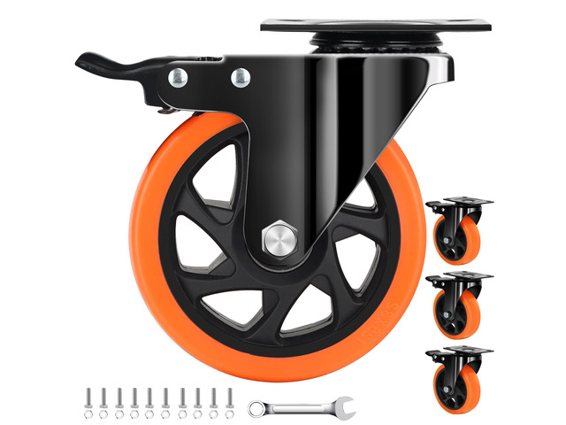 5 Inch Heavy Duty Caster Wheel with Dual Brake,Silent,Orange,Set of 4 Easy to Install, Efficient operation, convenient braking,Silent, Floor...