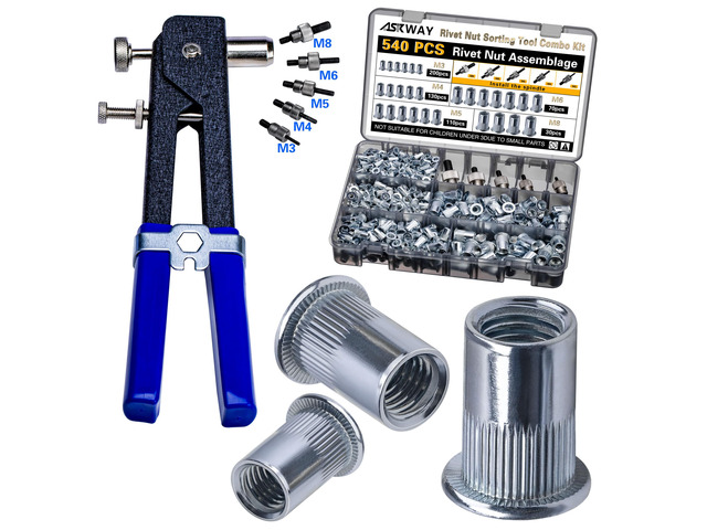 Rivet Nut Tool Kit 540Pcs Nut Riveter Tool Kit Metal Rivet Nuts (M8/M6/M5/M4/M3), Suitable for Furniture, Decoration, Automobile, Shipbuilding and...