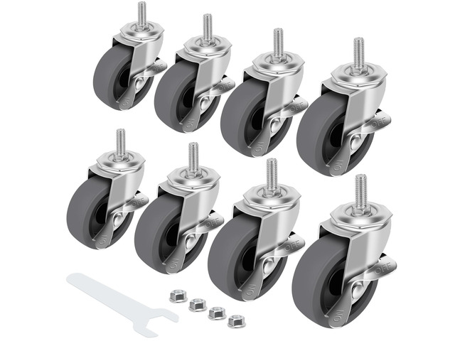Caster Wheels, 3' Locking Swivel Threaded Stem Casters Set with Brake of 8 3/8'-16 x 1' (Screw Diameter 3/8', Length 1')Rubber Casters with 360...
