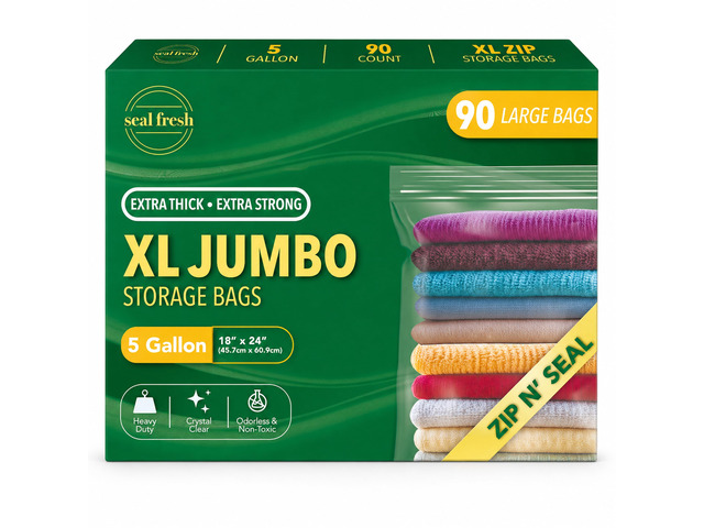 5 Gallon Large Plastic Storage Bags 18' x 24' (90 Count) Reusable XXL Extra Large Clear Jumbo Zip Bags with Sealable Zipper Top For Clothes,...