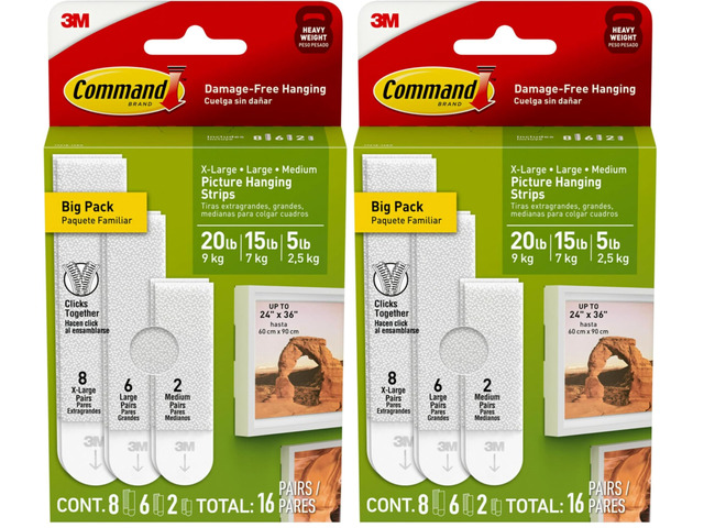Picture Hanging Strips Variety Pack, Damage-Free Picture Hangers, No Tools Wall Hanging Strips White, 2 Medium, 6 Large and 8 X-Large Pairs, (Pack...