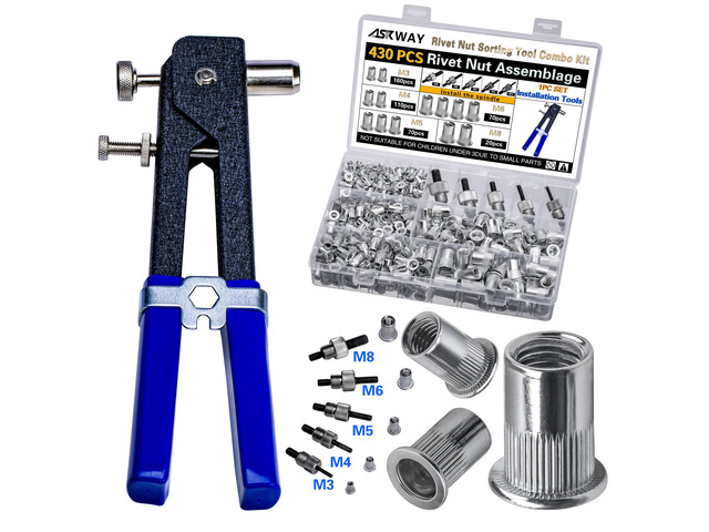 Pressure Rivet Nut Tool Kit, 430Pcs Aluminum Rivet Nut Combination Metric Threaded Rivet Nut (M8/M6/M5/M4/M3) Suitable for Furniture, Decoration,...