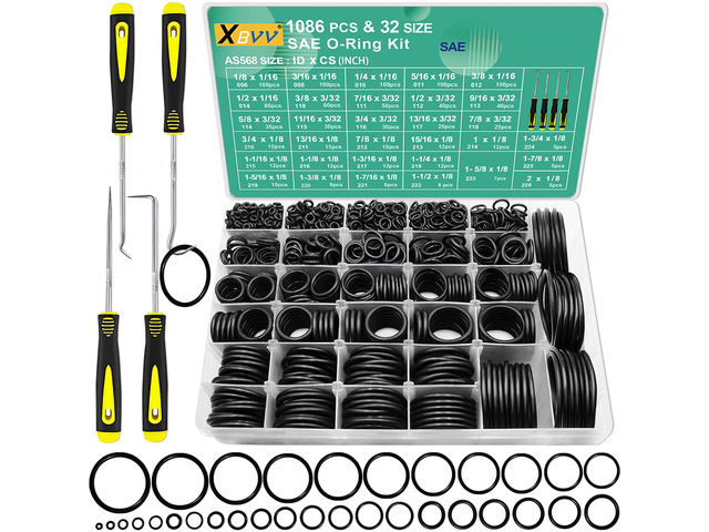 1086 Pcs 32 Size SAE O Ring Assortment Kit Standard Buna-N Rubber O'ring Set with 4 Pick & Hook for Automotive Hydraulic Faucet Plumbing Sealing...