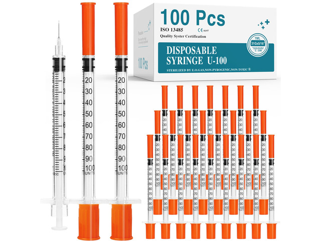 U-100 syringes with needle - 1ml 31G (31 gauge) 5/16 inch syringe with needles scale in 100 units, 1 ml / 1cc Pack of 100 (100Pack)