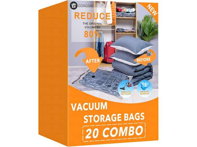 Vacuum Storage Bags for Clothing, 20-Piece Set 4 Jumbo, 4 Large, 4 Medium, 4 Small and 4 Roll-Up Bags; Great for Clothes, Bedding, Closets, Travel...