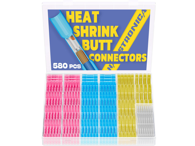 580PCS Heat Shrink Butt Connectors, 26-10 AWG 3:1 adhesive-lined heat shrink, built-in wire stop, 4 color-coded sizes for marine, automotive, and...