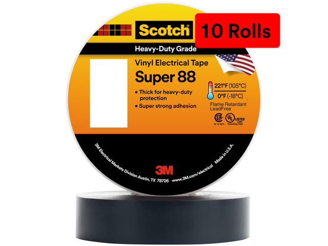 Scotch Vinyl Electrical Tape Super 88, 3/4 in x 44 ft, Black, 10 Rolls, Premium Grade, Rubber Resin Adhesive, PVC Backing, All-Season Heavy Duty...