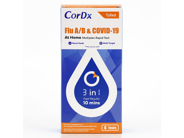 TyFast Flu A/B & COVID-19, At home 3-in-1 Rapid Test Kit, 4 Tests Nasal Swab Self-Test, Easy-To-Use For Adults And Kids, EUA Authorized OTC,...
