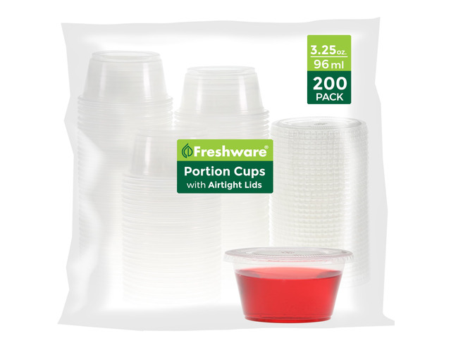 Plastic Portion Cups with Lids [3.25 Ounce, 200 Sets] Disposable Plastic Cups for Meal Prep, Salad Dressing, Jellos Shot Cups, Souffle Cups,...