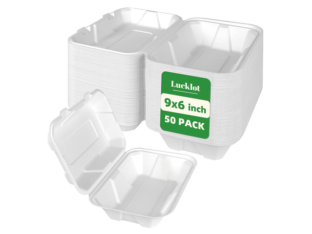 50 Pack 9×6 Inch White Compostable Bagasse Take Out Food Containers To Go Disposable Lunch Box, Eco-Friendly Biodegradable Clamshell Containers...