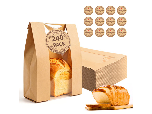240 Pcs Paper Bread Bags for Homemade Bread Sourdough with Window Sourdough Bread Bags with 250 Sealing Stickers, Large Brown Bakery Bag, For...