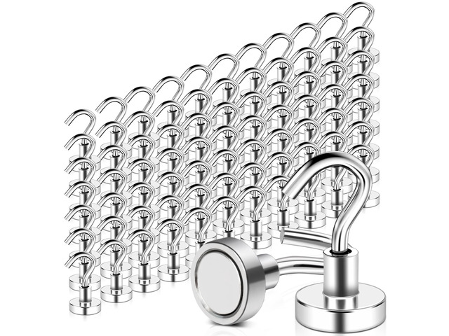 100 Pack Magnetic Hooks Heavy Duty 25 lbs Strong Rare Earth Magnet Hooks for Hanging, Refrigerator, Neodymium Magnets with Hooks for Grill Kitchen...