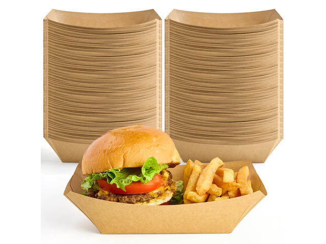 100 Pack 4 LB Large Paper Food Trays Disposable, Kraft Paper, Nacho Trays, Food Boats, Party Serving Basket, For Nachos Sandwiches Burgers Popcorns...