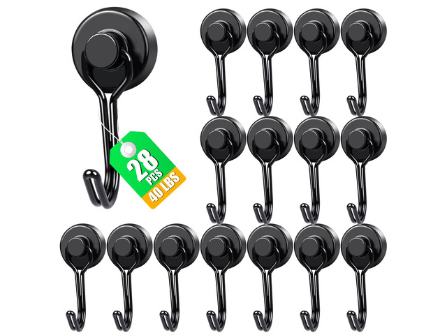 Magnetic Hooks 28 Pack 40Lbs Heavy Duty Neodymium Magnet Hook Black Magnetic Swivel Hooks for Hanging Rust Proof Strong Magnets with Hook for Storage