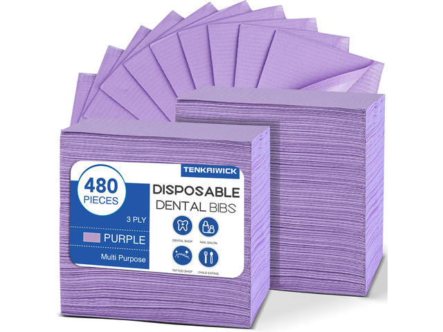 480 Pack Disposable Dental Bibs 13'x18', 3-Ply Waterproof Tattoo Bibs Sheet for Nail Salon, Dental Clinic, Feeding, Tattoo Shop (Purple)