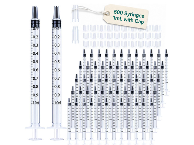 500 Pack 1ml Syringe with Cap for Liquid, 1cc Plastic Small Syringes without Needle with Cover, Non-Sterile, No Needle