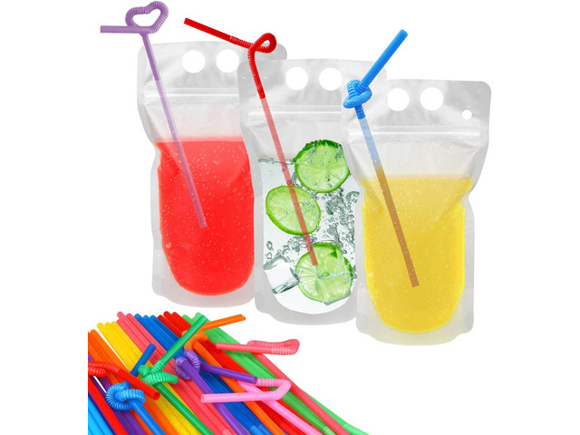 200 Pcs Drink Pouches with 200 Straw Holes Freezable Juice Pouch Translucent Reclosable Zipper Plastic Pouches Drink Bags for Cold & Hot Drinks for...