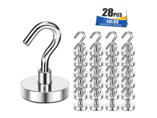 30LB Magnetic Hooks N52 Strong Neodymium Magnets Hook Heavy Duty for Refrigerator Extra Cruise Hook for Kitchen Classroom Workplace Grill 28PCS