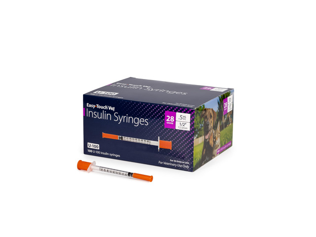 EasyTouch U-100 Pet Insulin Syringes (28G 0.5cc 1/2') - 100 ct. Compatible with U-100 Insulin, 50 Unit Capacity, 1/2' Needle Length, Half-Unit...