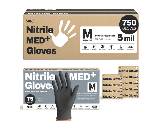 MED+ Black Nitrile Exam Gloves, 5 Mil Disposable Gloves Latex & Powder-Free Medical Food Safe Cooking Glove, 75 or 750 Ct