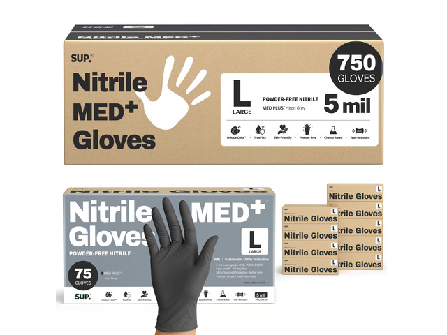 MED+ Black Nitrile Exam Gloves, 5 Mil Disposable Gloves Latex & Powder-Free Medical Food Safe Cooking Glove, 75 or 750 Ct