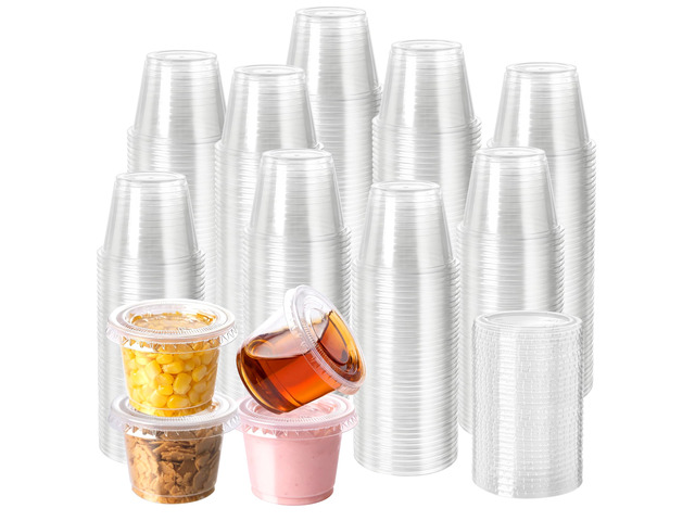 300PACK 1oz Plastic Portion Cups with Lids, Condiment, Jello Shot Cup Mini Cups for Portion Control, Salad Dressing Cups, Airtight and Stackable...