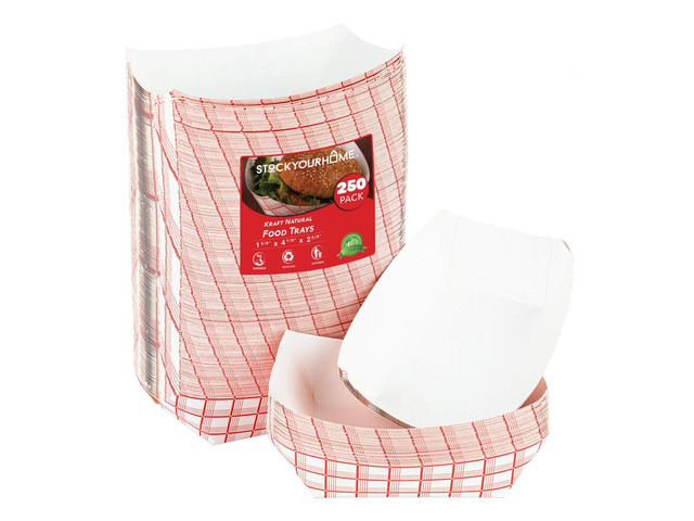 Small Paper Food Boats (250 Pack) 1 lb Disposable Red & White Checkered Paper Trays, Eco-Friendly Serving Boats for Concession Food, Condiments &...