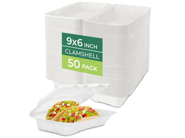 Clamshell Food Containers with Lids [9x6 50-Pack] Disposable To Go Containers, Biodegradable Sugarcane To Go Boxes - Paper Container - Microwave &...