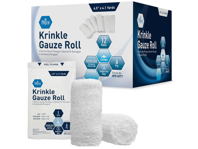 Sterile Krinkle Gauze Roll,6-Ply Cotton,4.5 in x 4.1 yd,12-Pack