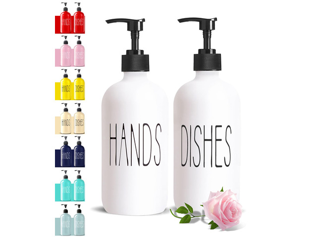 16 Oz Glass Soap Dispenser Set 2 Pack for Kitchen Sink,Contains Hand and Dish Soap Dispenser,White Kitchen Utensils