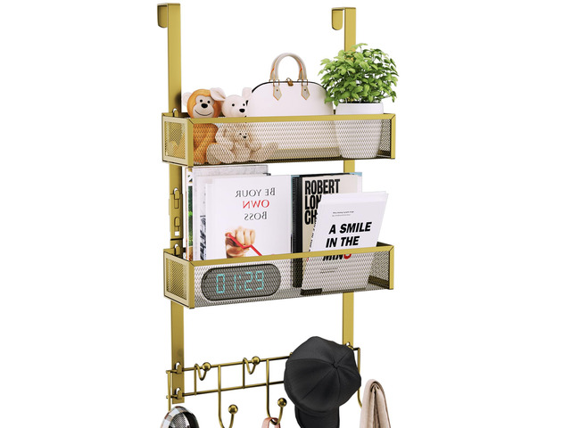 Over The Door Hooks Organizer - 3 Tier Door Hanger with 9 Coat Hooks & 2 Mesh Basket, Back Storage Organizer Hanging Towels for Bathroom, Bedroom,...