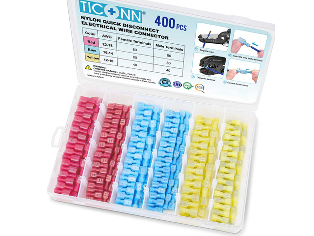 400 Pcs Nylon Spade Connector Kit, Insulated Crimp Wire Connectors Corrosion Resistant Thick Tinned Copper Terminals, Nylon Insulated, Color-Coded...