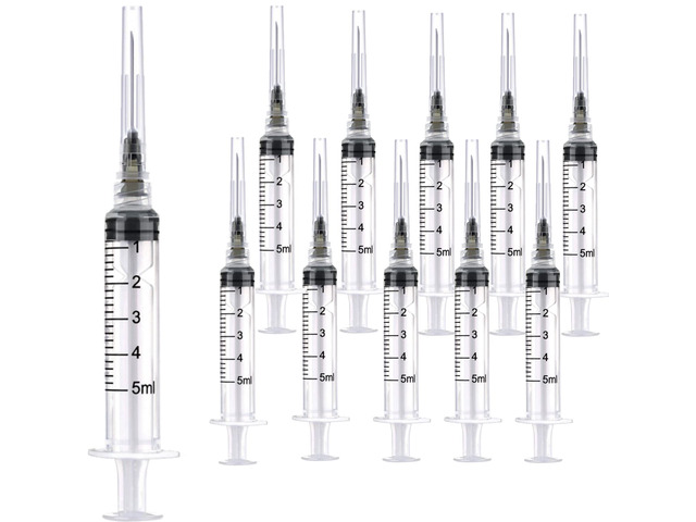 100 Pack 5ml 22Ga Plastic Syringe with Measurement for Scientific Labs and Industrial Dispensing, Disposable Individually Wrapped (100, 5ml-22Ga)