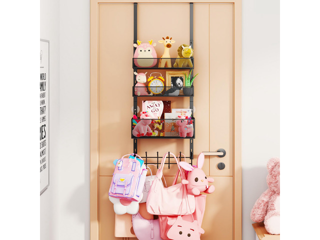 Over The Door Hooks Organizer - 4 Tier Door Coat Rack with 3 Baskets & 12 Hooks, Stainless Steel Towel Hanger for Bedroom, Bathroom, Living Room,...