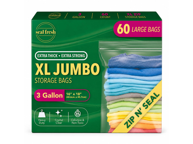 3 Gallon Large Plastic Storage Bags 16' x 18' (60 Count) Reusable XXL Extra Large Clear Jumbo Zip Bags with Sealable Zipper Top For Clothes,...