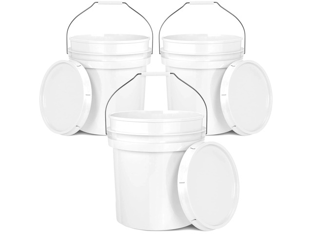 5-Gallon White Bucket Pail Container with Lid Food Grade Heavy-Duty Approx 90 MIL Extra Durable Metal Handles with Plastic Grip Multi-Use ...