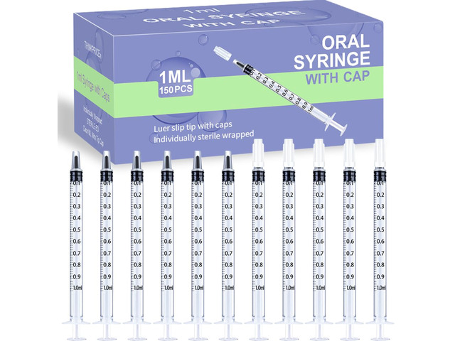 150 Pcs 1ml Syringes with Caps Oral Dispenser Individually Sterile Warpped for Medicine Dropper, Colostrum Collect Feeding Pets, Liquid