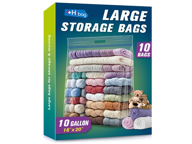 10 Gallon Large Storage Bags, 18 x 20 Resealable Clear Bags with Handle, Extra Large XL Heavy Duty for Clothes Pillow Travel Moving, Pack of 10