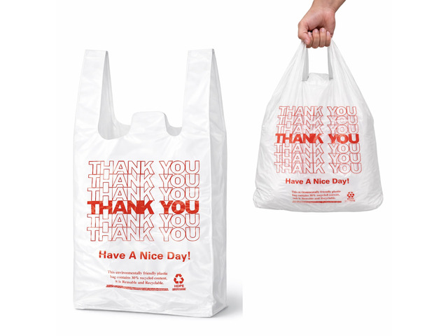 200 Count White Thank You T-Shirt Bags, 11 x 6 x 21 in Durable HDPE with handles, Thank You print, disposable carryout sacks for grocery, retail...