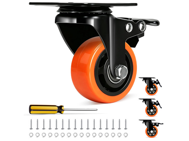 3 Inch Heavy Duty Caster Wheel with Dual Brake,Silent,Orange,Set of 4 Easy to Install, Efficient operation, convenient braking,Silent, Floor...