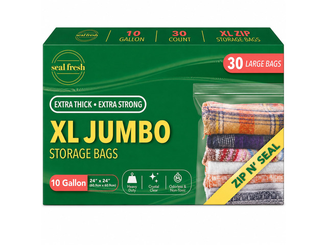 10 Gallon Large Plastic Storage Bags 24' x 24' (30 Count) Reusable XXL Extra Large Clear Jumbo Zip Bags with Sealable Zipper Top For Clothes,...