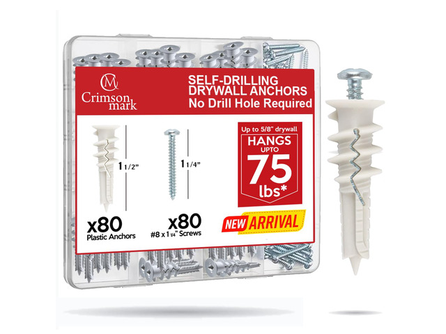 160PCS #8 Self Drilling Drywall Anchors and Screws Assortment Kit #8 x 1-1/4' Superb Wall Anchors Hold Up to 75lbs, No Drill Hole Required for...